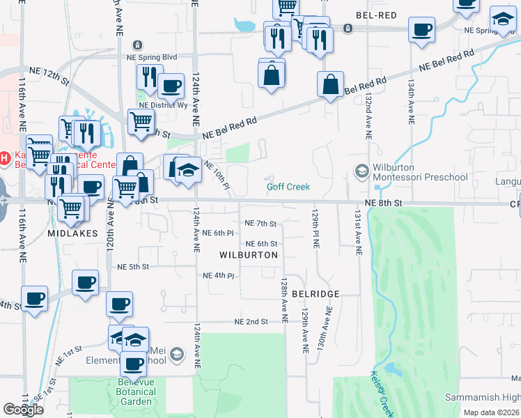 map of restaurants, bars, coffee shops, grocery stores, and more near 728 126th Avenue Northeast in Bellevue