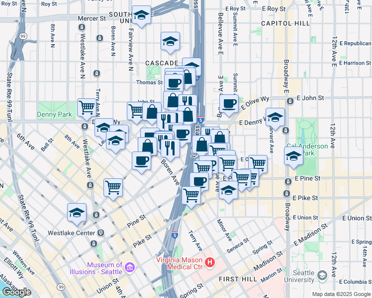 map of restaurants, bars, coffee shops, grocery stores, and more near 1730 Minor Avenue in Seattle