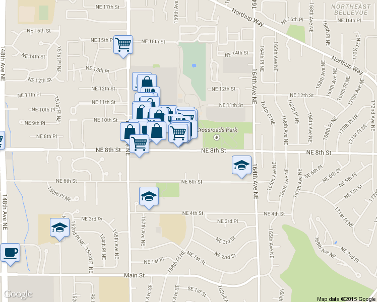 map of restaurants, bars, coffee shops, grocery stores, and more near 15932 Northeast 8th Street in Bellevue