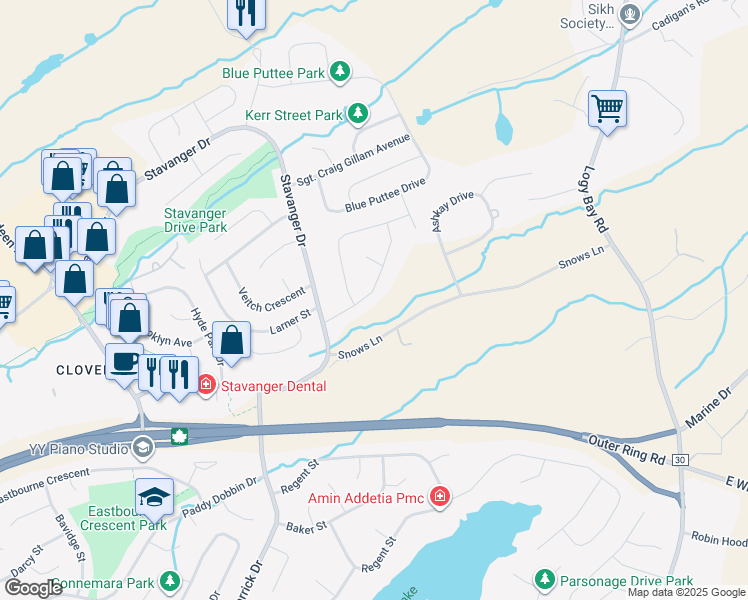 map of restaurants, bars, coffee shops, grocery stores, and more near 22 Gallipoli Street in St. John's