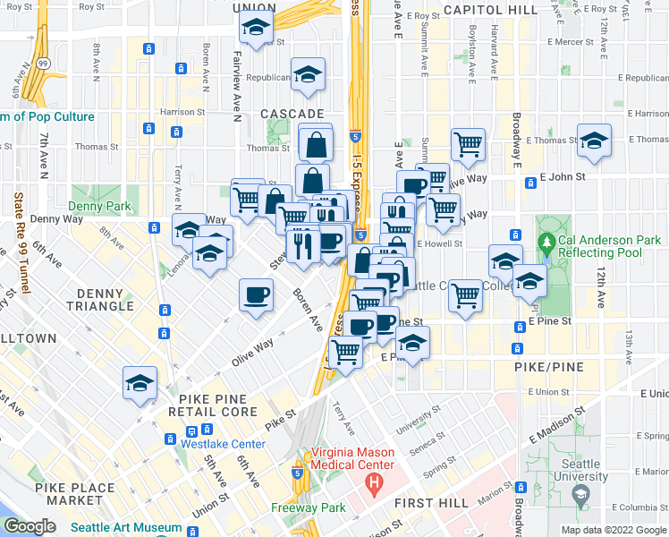 map of restaurants, bars, coffee shops, grocery stores, and more near 1208 Eastlake Avenue in Seattle
