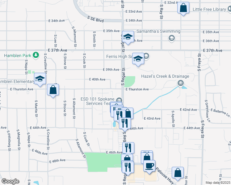 map of restaurants, bars, coffee shops, grocery stores, and more near 4102 South Regal Street in Spokane