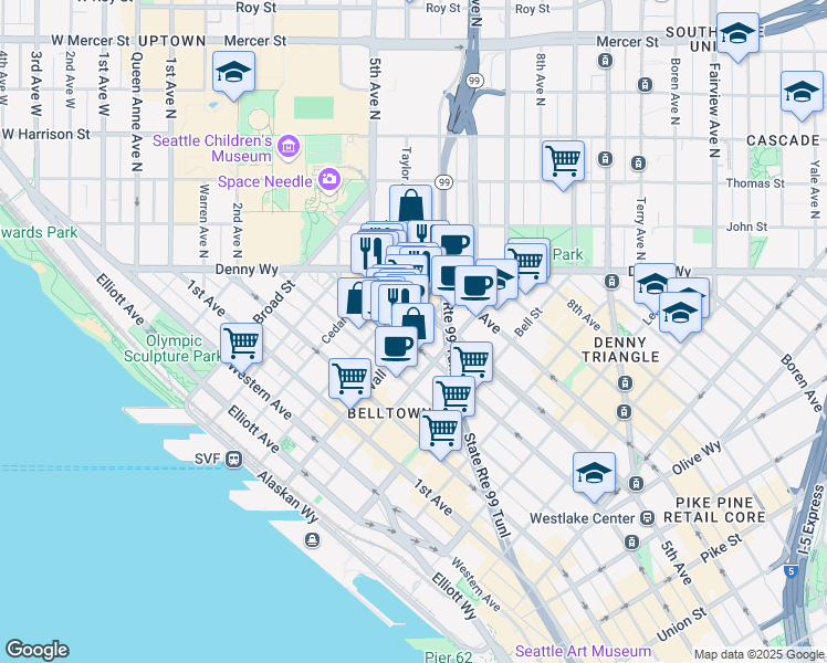 map of restaurants, bars, coffee shops, grocery stores, and more near 2517 5th Avenue in Seattle
