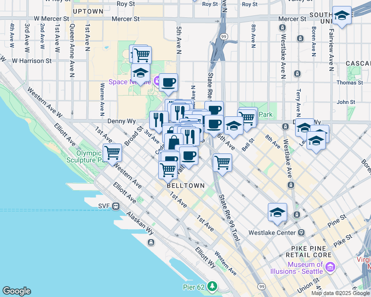 map of restaurants, bars, coffee shops, grocery stores, and more near 2515 4th Avenue in Seattle