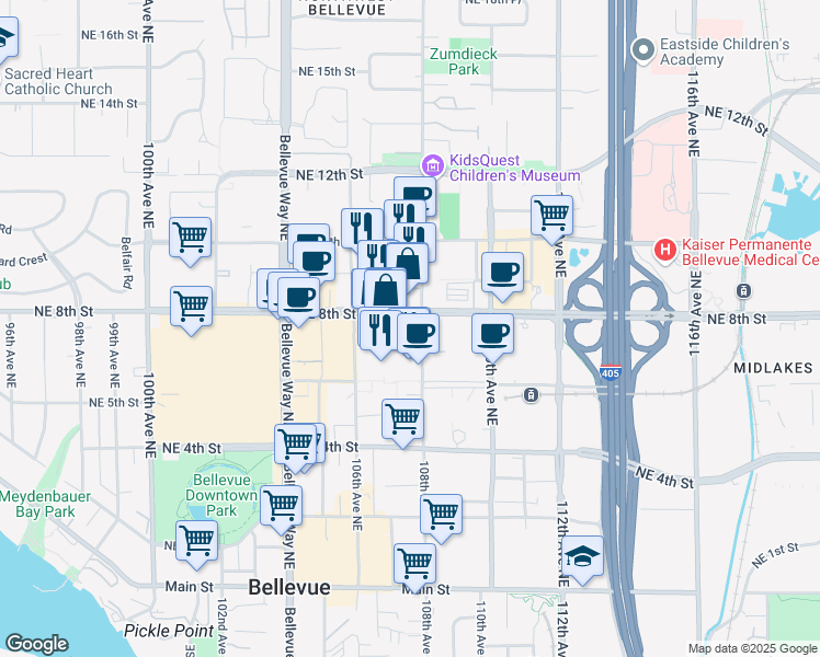 map of restaurants, bars, coffee shops, grocery stores, and more near 10644 Northeast 8th Street in Bellevue