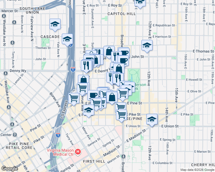 map of restaurants, bars, coffee shops, grocery stores, and more near 1737 Boylston Avenue in Seattle