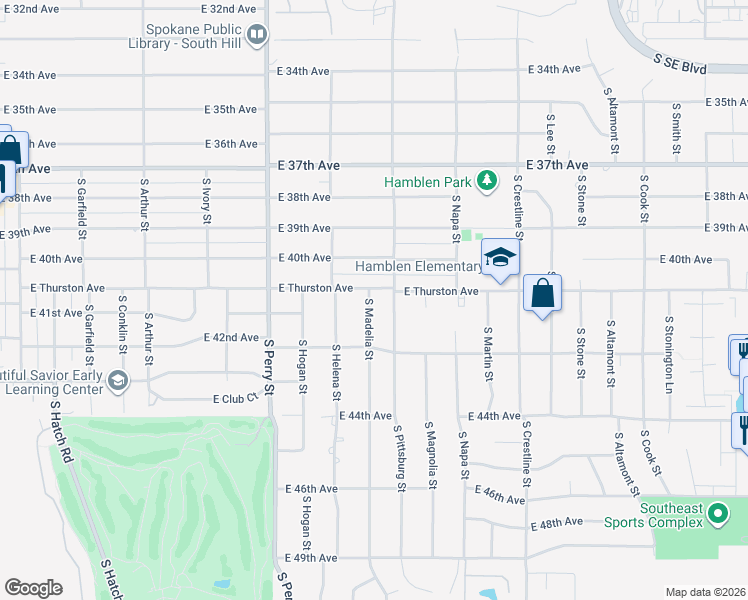 map of restaurants, bars, coffee shops, grocery stores, and more near 1717 East Thurston Avenue in Spokane