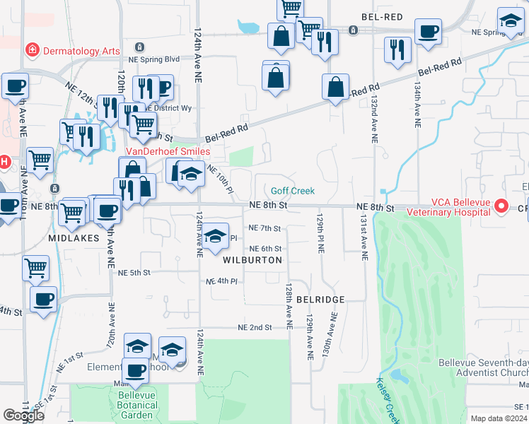 map of restaurants, bars, coffee shops, grocery stores, and more near 728 126th Avenue Northeast in Bellevue