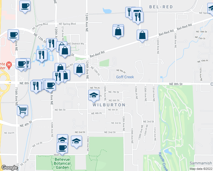 map of restaurants, bars, coffee shops, grocery stores, and more near 888 126th Avenue Northeast in Bellevue