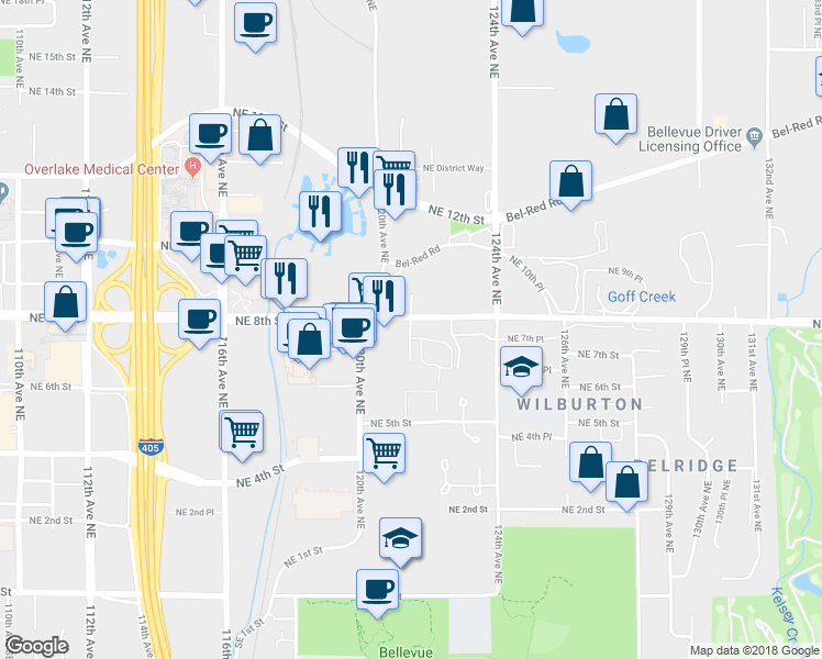 map of restaurants, bars, coffee shops, grocery stores, and more near 12028 Northeast 8th Street in Bellevue
