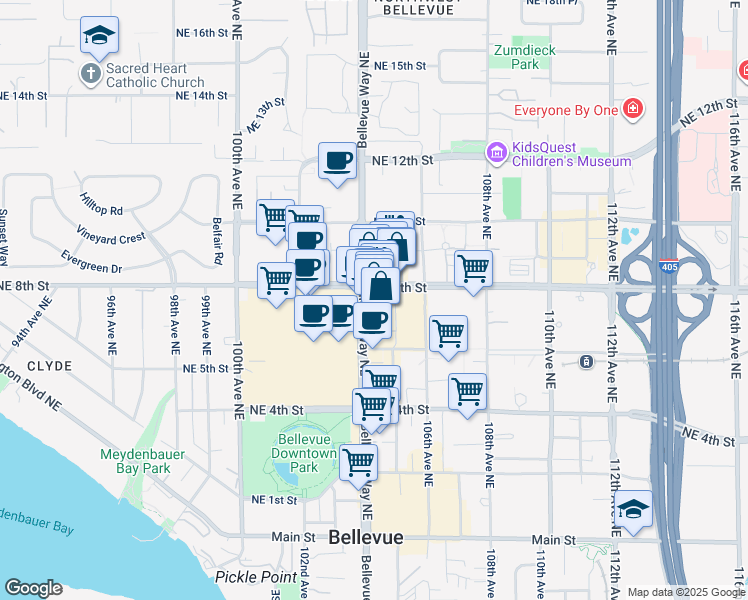 map of restaurants, bars, coffee shops, grocery stores, and more near 10500 Northeast 8th Street in Bellevue