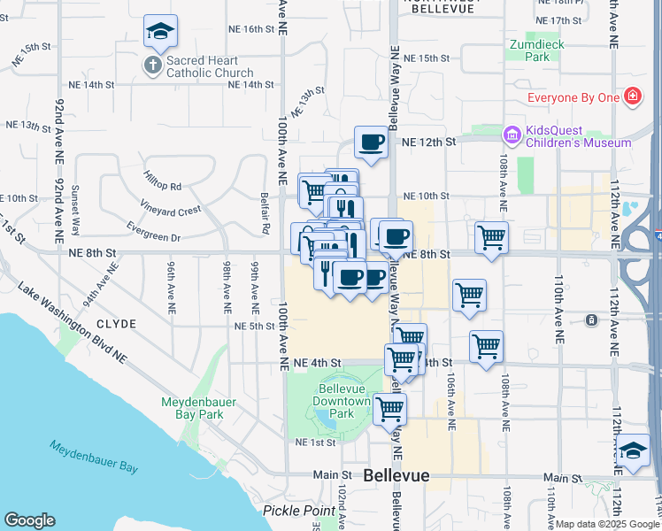 map of restaurants, bars, coffee shops, grocery stores, and more near in Bellevue