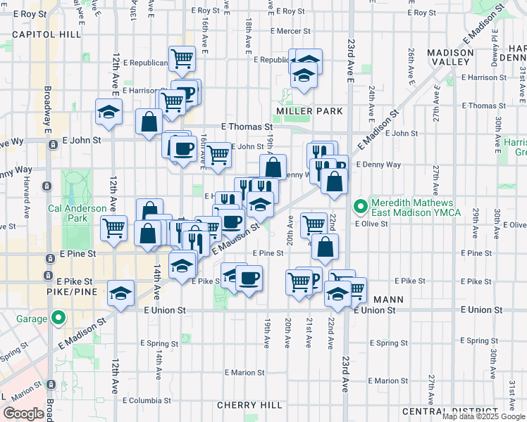 map of restaurants, bars, coffee shops, grocery stores, and more near 1732 18th Avenue in Seattle