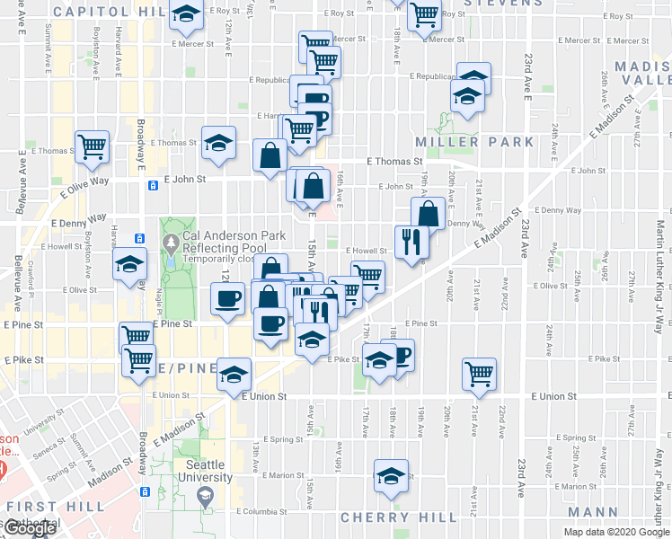 map of restaurants, bars, coffee shops, grocery stores, and more near 1519 East Howell Street in Seattle