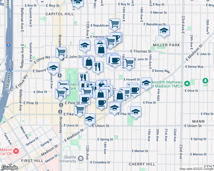 map of restaurants, bars, coffee shops, grocery stores, and more near 1327 East Howell Street in Seattle