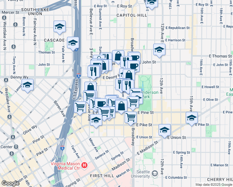 map of restaurants, bars, coffee shops, grocery stores, and more near 1737 Boylston Avenue in Seattle