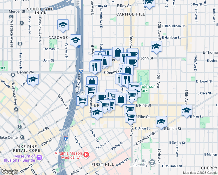 map of restaurants, bars, coffee shops, grocery stores, and more near 1737 Boylston Avenue in Seattle
