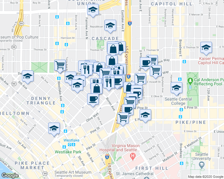 map of restaurants, bars, coffee shops, grocery stores, and more near 1818 Minor Avenue in Seattle