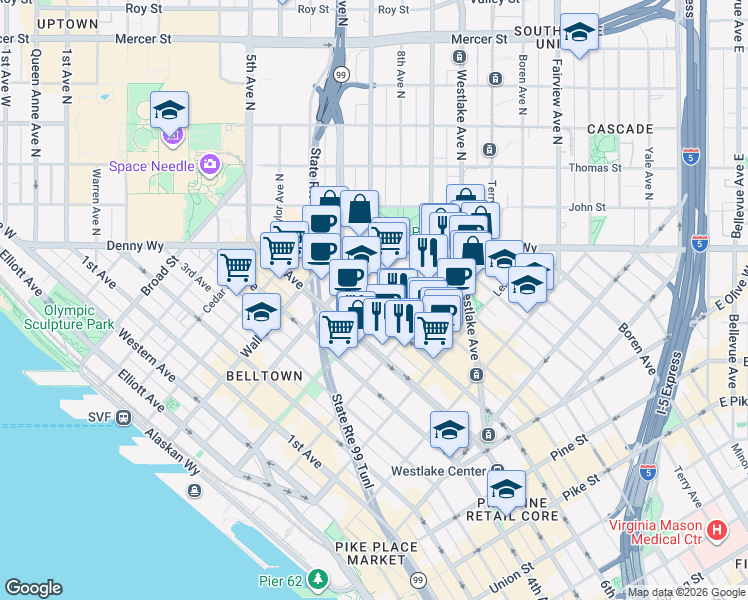 map of restaurants, bars, coffee shops, grocery stores, and more near 2301 7th Avenue in Seattle