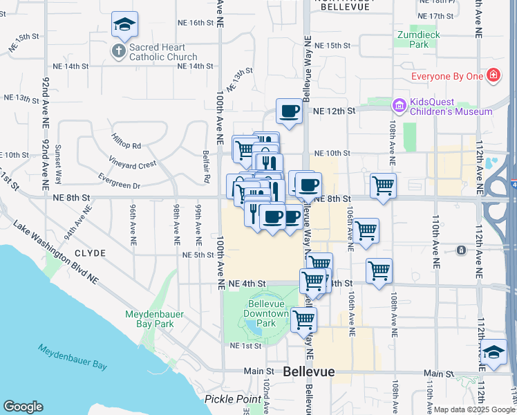 map of restaurants, bars, coffee shops, grocery stores, and more near in Bellevue