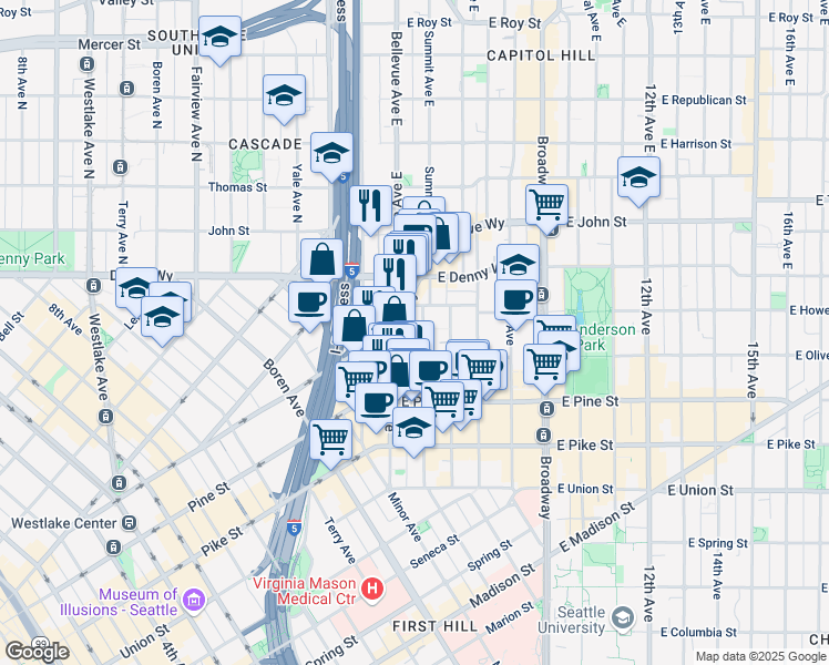 map of restaurants, bars, coffee shops, grocery stores, and more near in Seattle
