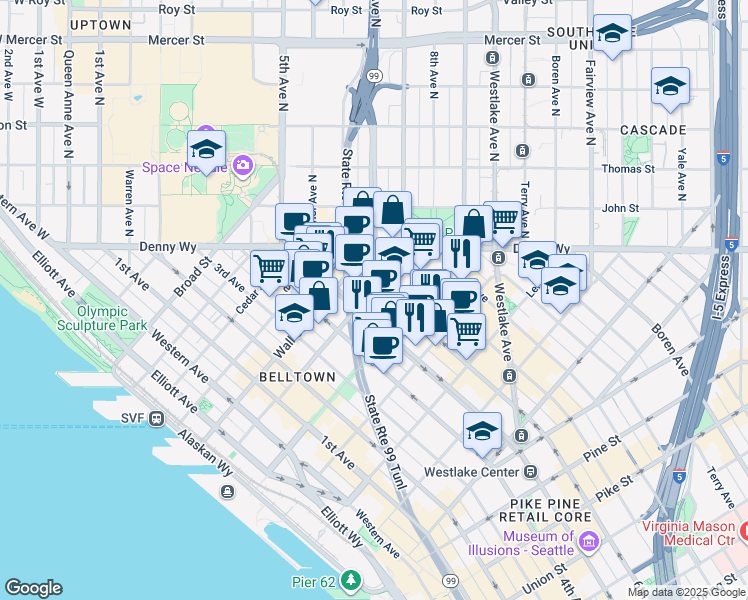 map of restaurants, bars, coffee shops, grocery stores, and more near 583 Battery Street in Seattle