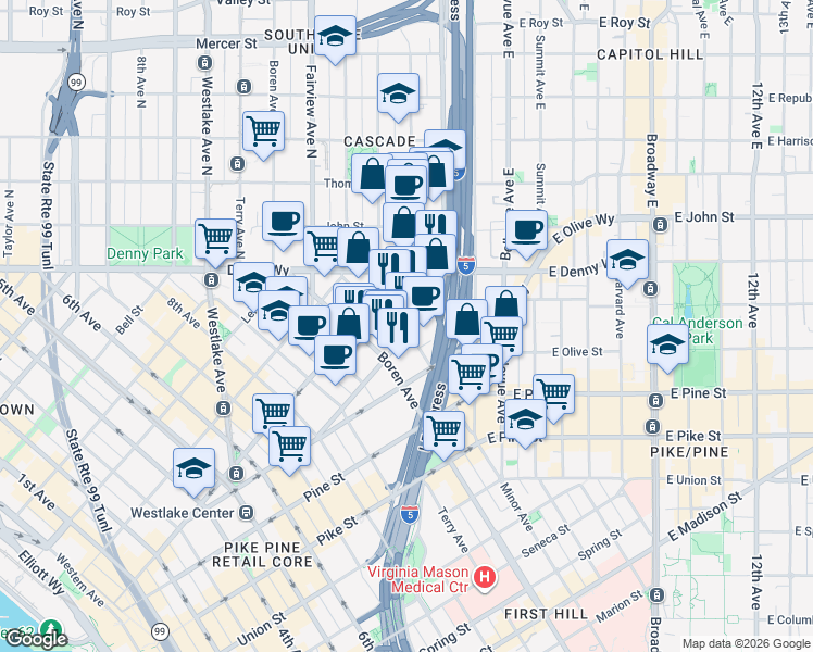 map of restaurants, bars, coffee shops, grocery stores, and more near 1818 Minor Avenue in Seattle