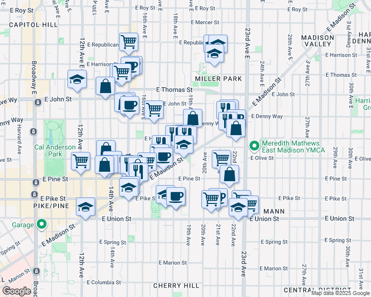 map of restaurants, bars, coffee shops, grocery stores, and more near 1732 18th Avenue in Seattle