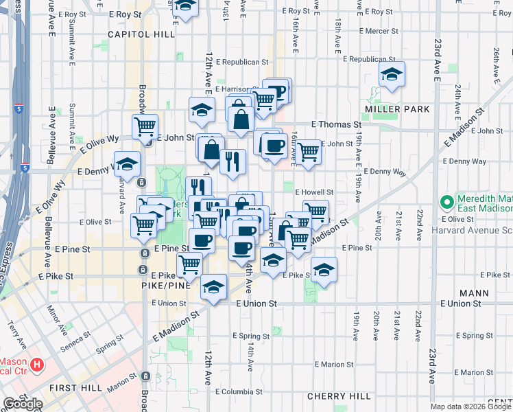 map of restaurants, bars, coffee shops, grocery stores, and more near 1718 14th Avenue in Seattle