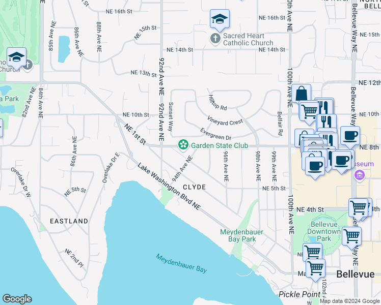 map of restaurants, bars, coffee shops, grocery stores, and more near 511 94th Avenue Northeast in Bellevue