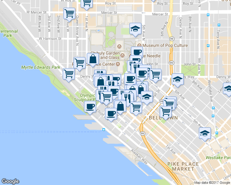 map of restaurants, bars, coffee shops, grocery stores, and more near 2821 2nd Avenue in Seattle