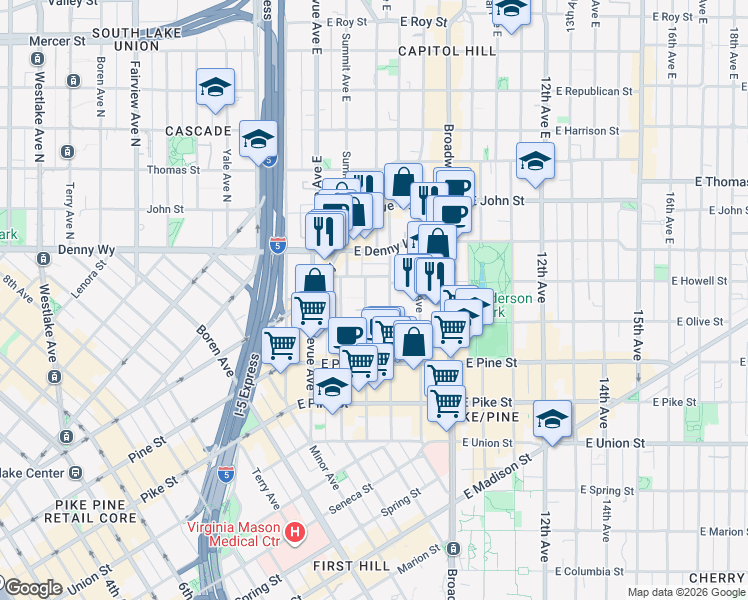map of restaurants, bars, coffee shops, grocery stores, and more near 1722 Belmont Avenue in Seattle