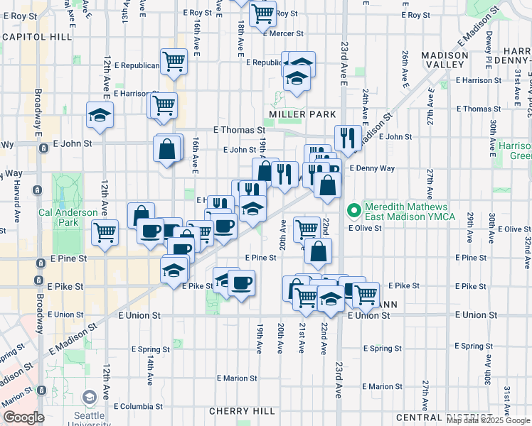 map of restaurants, bars, coffee shops, grocery stores, and more near 1724 19th Avenue in Seattle