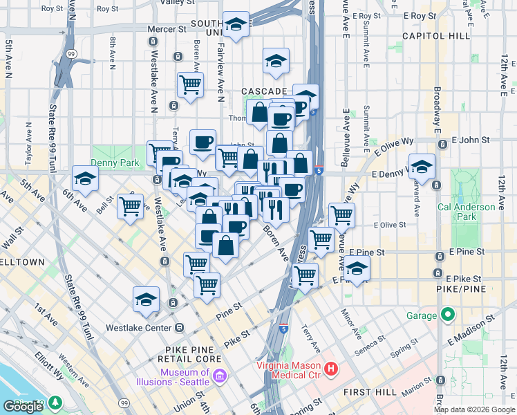 map of restaurants, bars, coffee shops, grocery stores, and more near 1812 Boren Avenue in Seattle