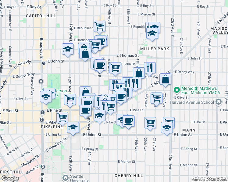 map of restaurants, bars, coffee shops, grocery stores, and more near 1705 East Howell Street in Seattle