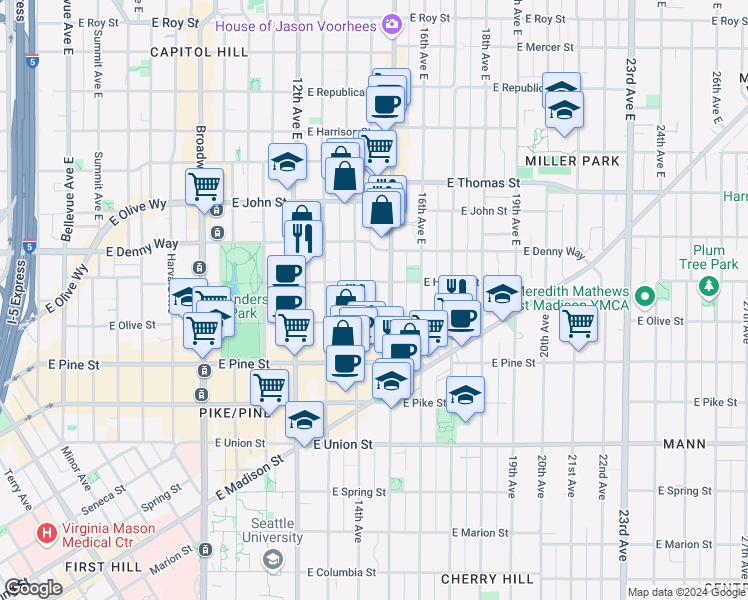 map of restaurants, bars, coffee shops, grocery stores, and more near 1733 15th Avenue in Seattle