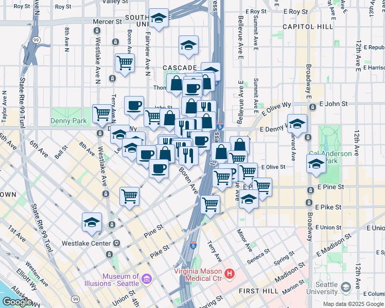 map of restaurants, bars, coffee shops, grocery stores, and more near 1818 Minor Avenue in Seattle