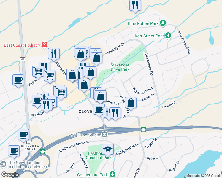 map of restaurants, bars, coffee shops, grocery stores, and more near 41 Hyde Park Drive in St. John's