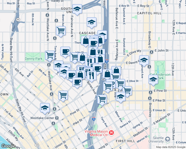 map of restaurants, bars, coffee shops, grocery stores, and more near 1200 Howell Street in Seattle