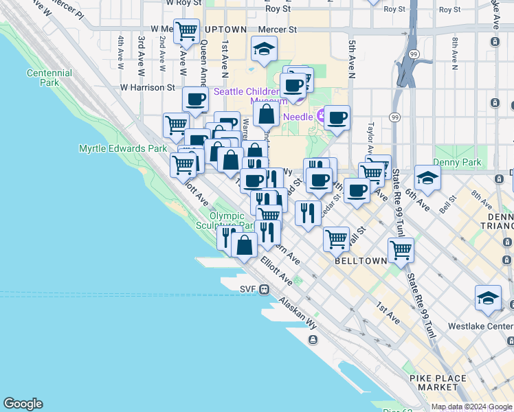 map of restaurants, bars, coffee shops, grocery stores, and more near 2915 1st Avenue in Seattle