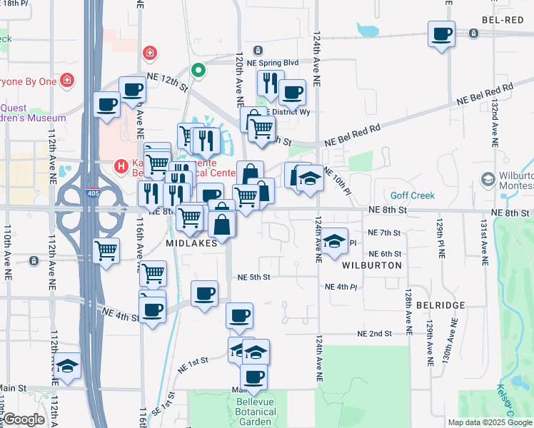 map of restaurants, bars, coffee shops, grocery stores, and more near 12028 Northeast 8th Street in Bellevue