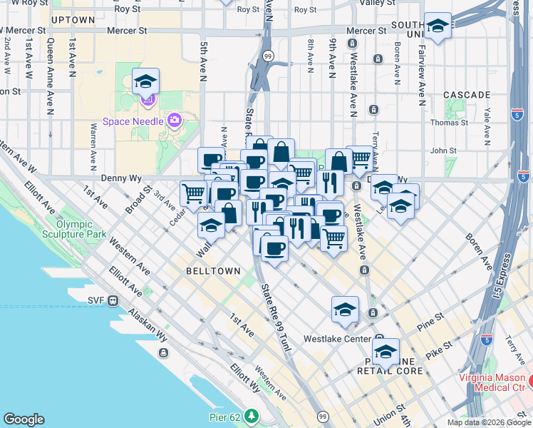 map of restaurants, bars, coffee shops, grocery stores, and more near 583 Battery Street in Seattle