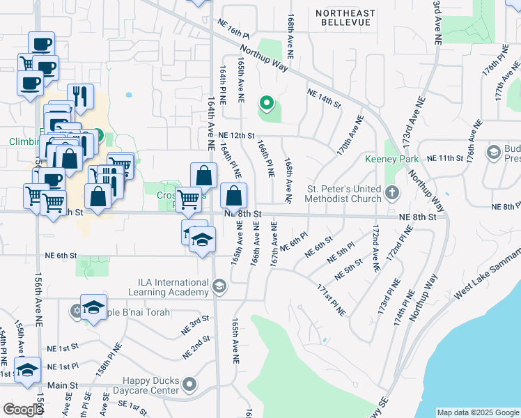map of restaurants, bars, coffee shops, grocery stores, and more near 806 166th Avenue Northeast in Bellevue