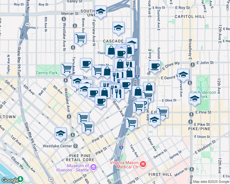 map of restaurants, bars, coffee shops, grocery stores, and more near 1823 Minor Avenue in Seattle