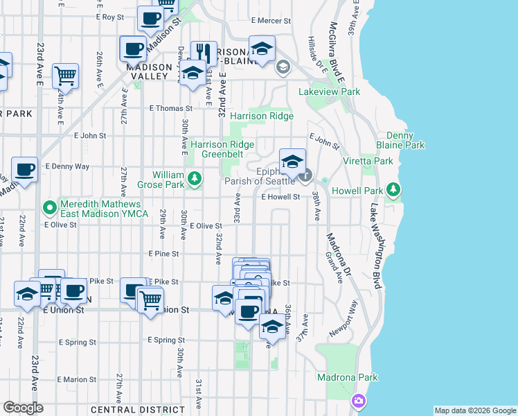 map of restaurants, bars, coffee shops, grocery stores, and more near 1720 34th Avenue in Seattle