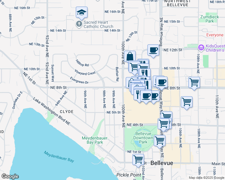 map of restaurants, bars, coffee shops, grocery stores, and more near in Bellevue