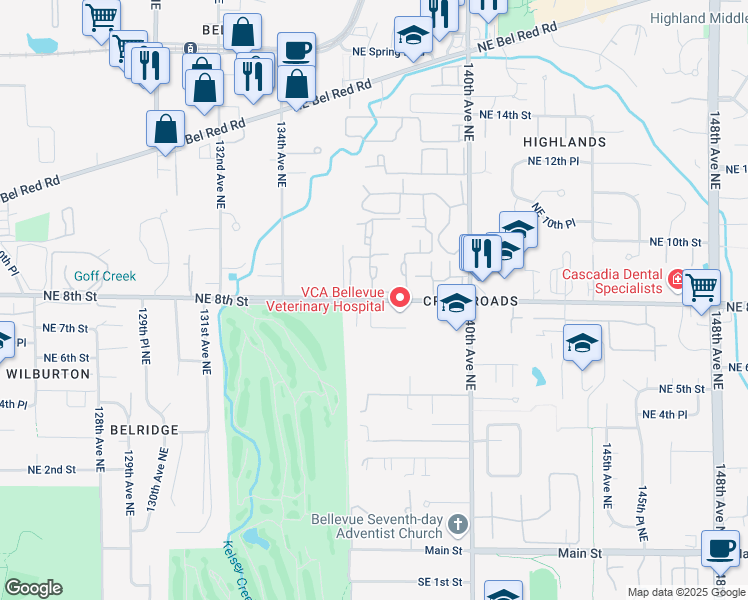 map of restaurants, bars, coffee shops, grocery stores, and more near 13700 Northeast 8th Street in Bellevue