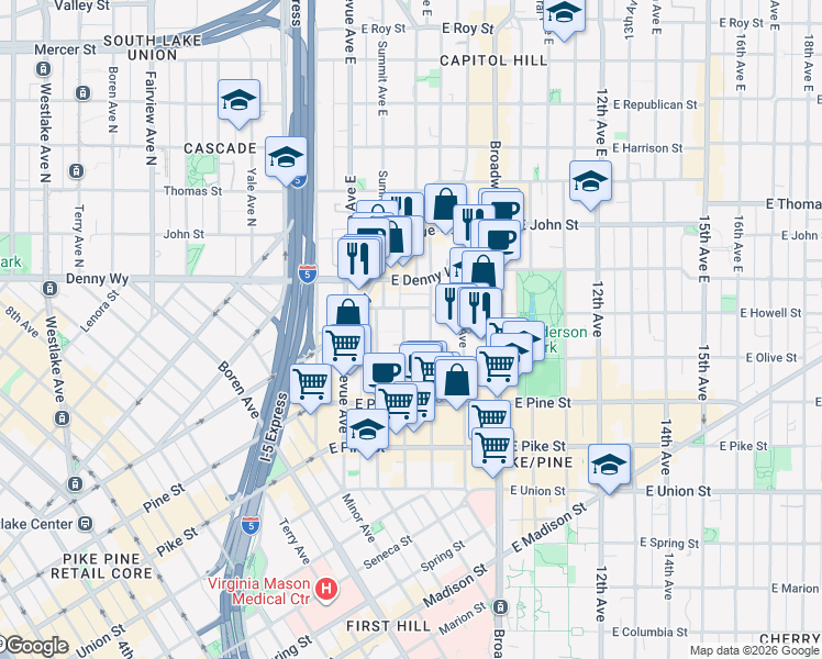 map of restaurants, bars, coffee shops, grocery stores, and more near 1737 Boylston Avenue in Seattle