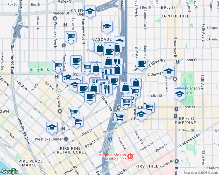 map of restaurants, bars, coffee shops, grocery stores, and more near 1808 Minor Avenue in Seattle