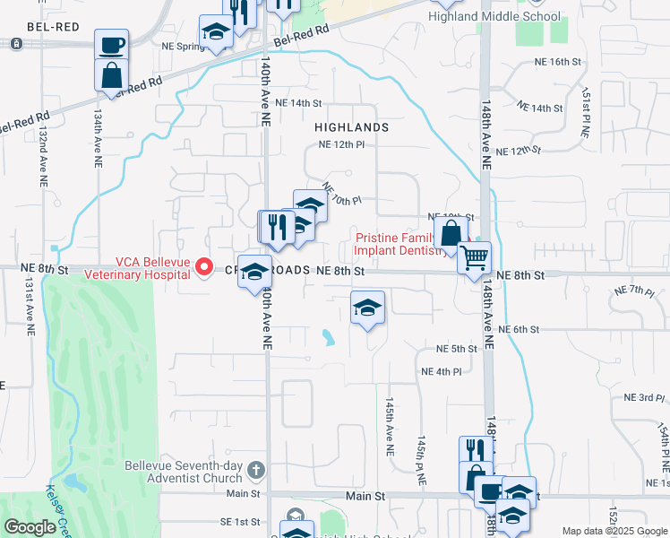 map of restaurants, bars, coffee shops, grocery stores, and more near 14170 Northeast 8th Street in Bellevue